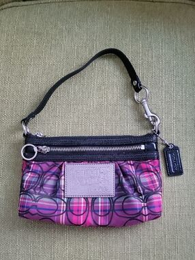 Coach Pink Plaid Poppy Signature Wristlet with Black Trim